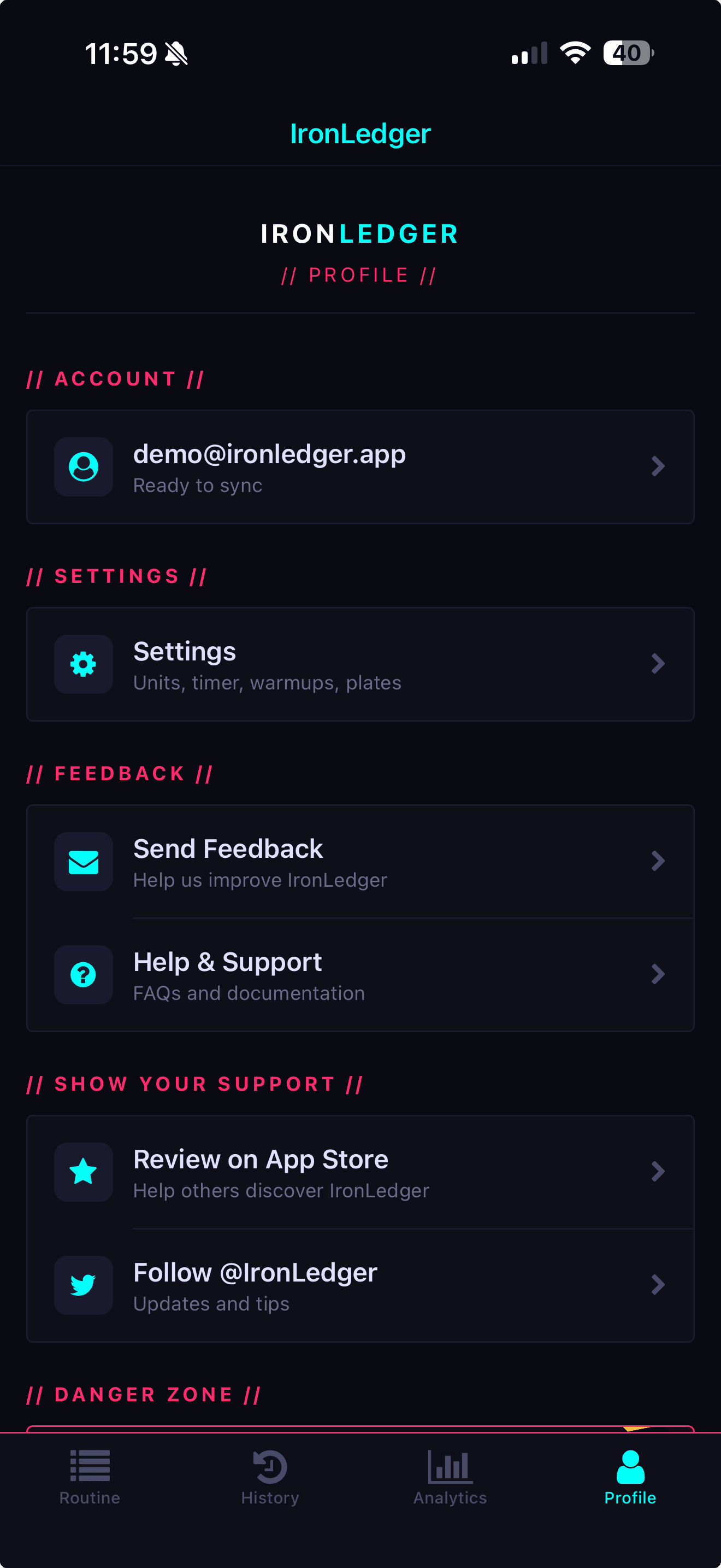 IronLedger athlete profile and settings screen