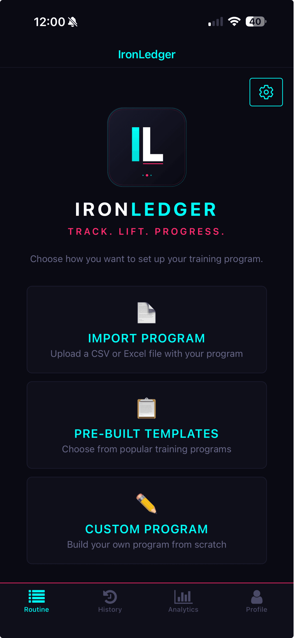 IronLedger program setup options for templates, custom plans, and spreadsheet import